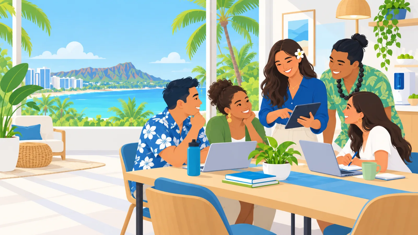 Team members learning together in a bright Honolulu community room